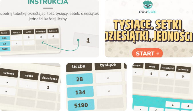 Edukacyjna gra, w której należy określić ilość tysięcy, setek, dziesiątek i jedności przedstawionych liczb