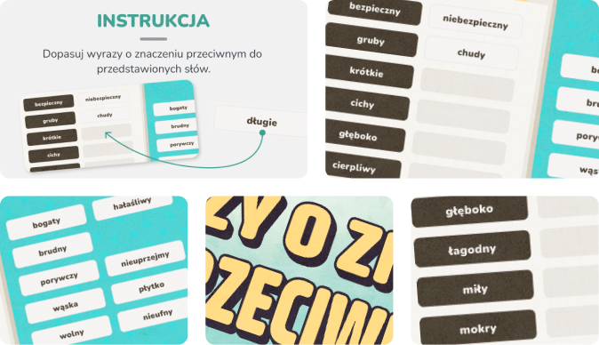 Gra dla dzieci online, w której należy dopasować wyrazy o znaczeniu przeciwnym