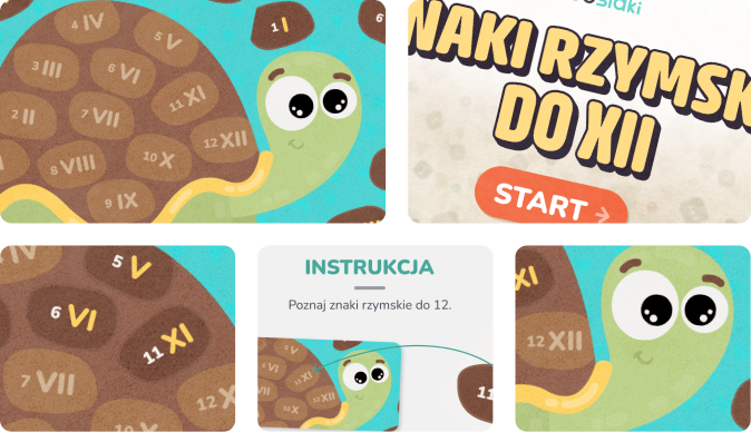 Edukacyjna zabawa dla dzieci, która uczy znaków rzymskich do 12