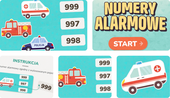 Edukacyjna zabawa dla dzieci, która uczy jakie są numery alarmowe
