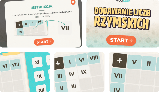 Edukacyjna gra, która ćwiczy znajomość znaków rzymskich i umiejętność dodawania