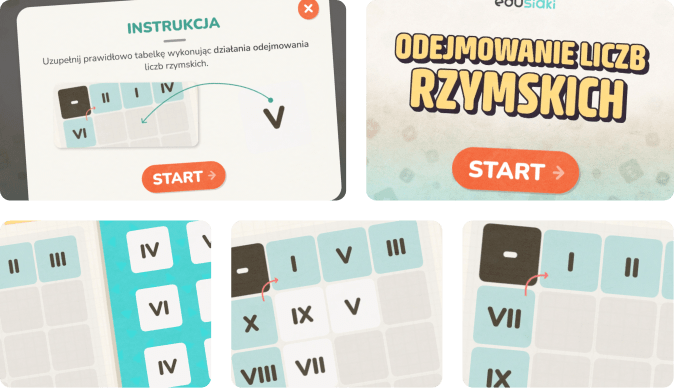 Edukacyjna gra, która ćwiczy znajomość znaków rzymskich i umiejętność odejmowania