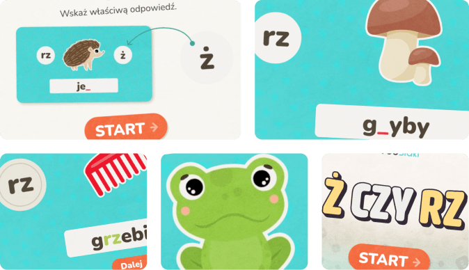 Gra edukacyjna dla dzieci, która uczy ortografii z ż i rz